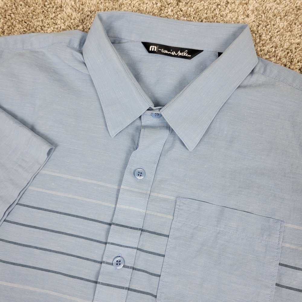 Travis Mathew Mens Large Blue Chest Stripe Button Up Short Sleeve